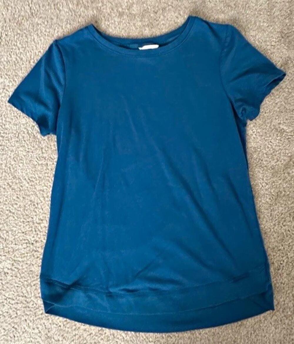 Danskin Womens Medium Teal Short Sleeve Tunic Top Tulip Hem Soft Stretch